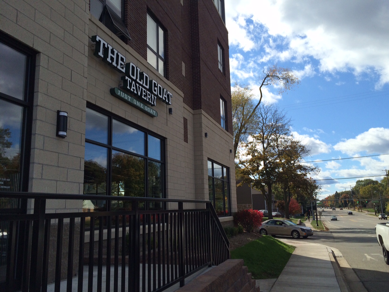 Outside of Old Goat Tavern, a campus strip mall