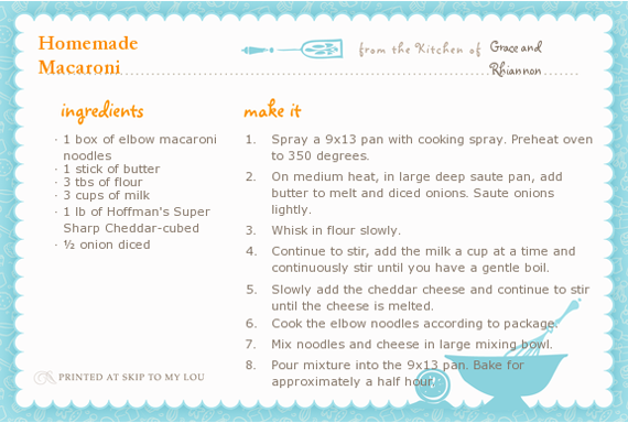 Homemade macaroni recipe card.