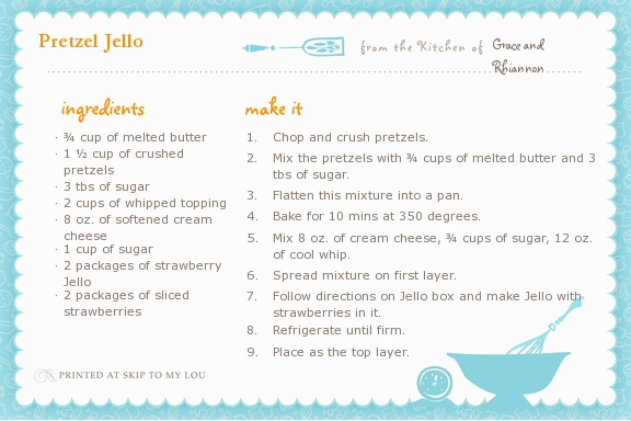 Pretzel jello recipe card.