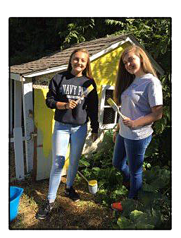 Image: Mackenzi and Cece painting a pig house.