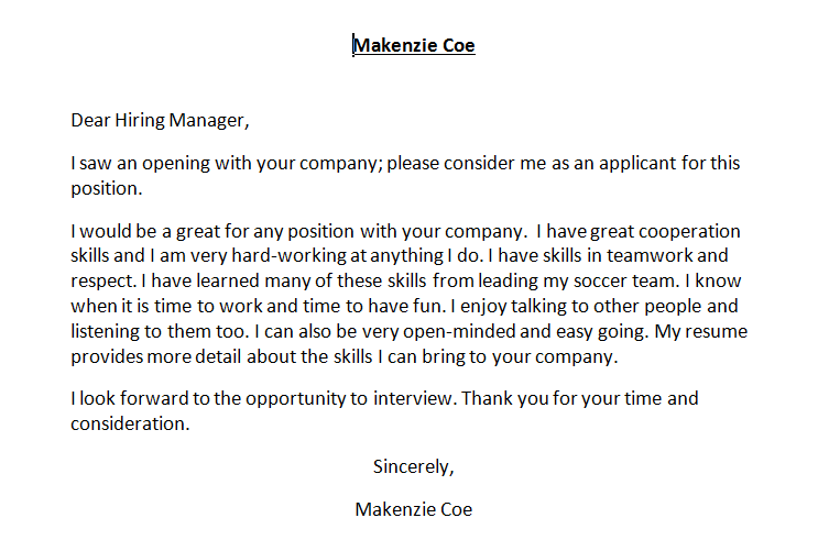 Image: Screenshot of cover letter