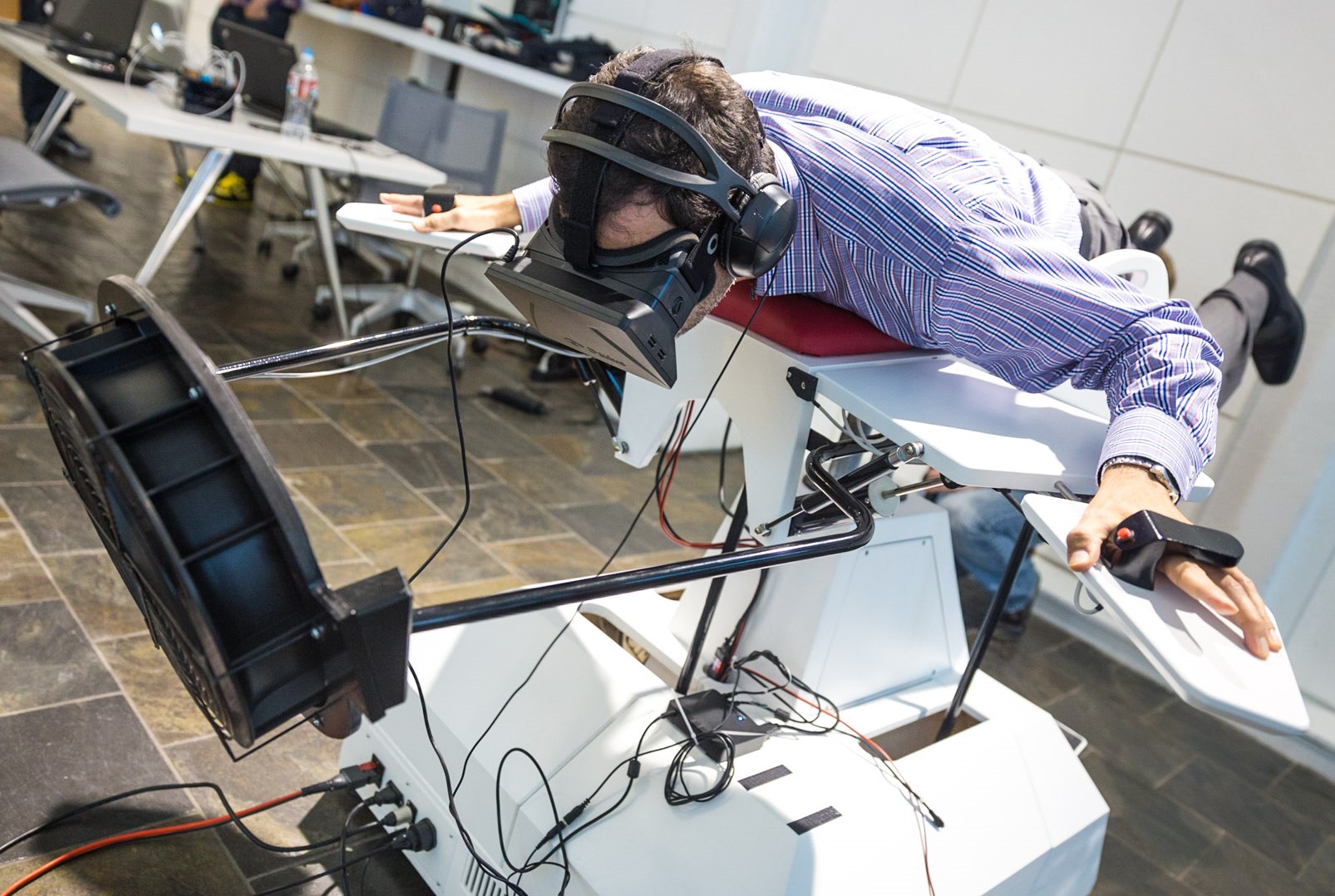 Man uses VR in a flight simulator