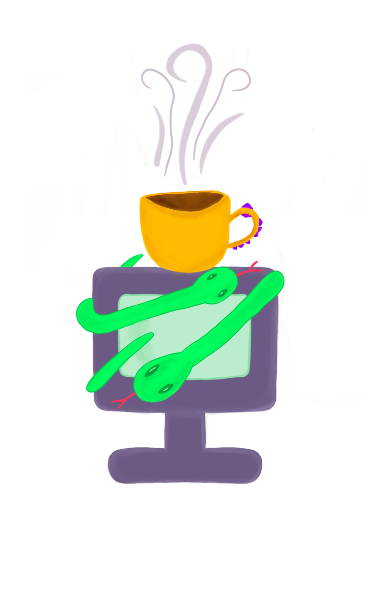 computer with two snakes wrapped around it, and a cup of tea placed on top