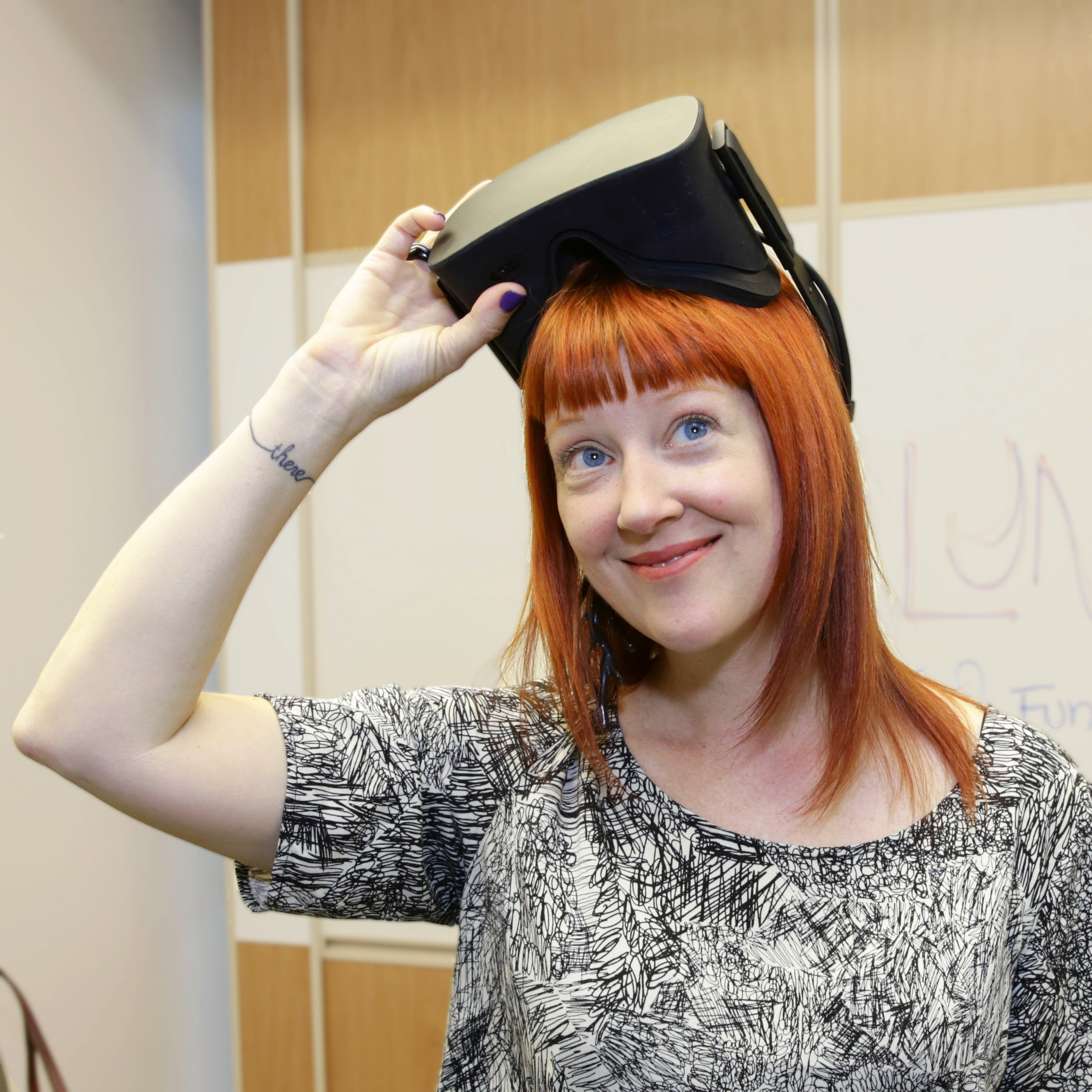 Video Game Developer Robin Hunicke with a VR Headset On Her Head