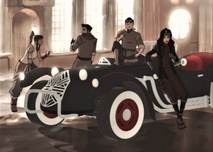 korra and her friends next to a car