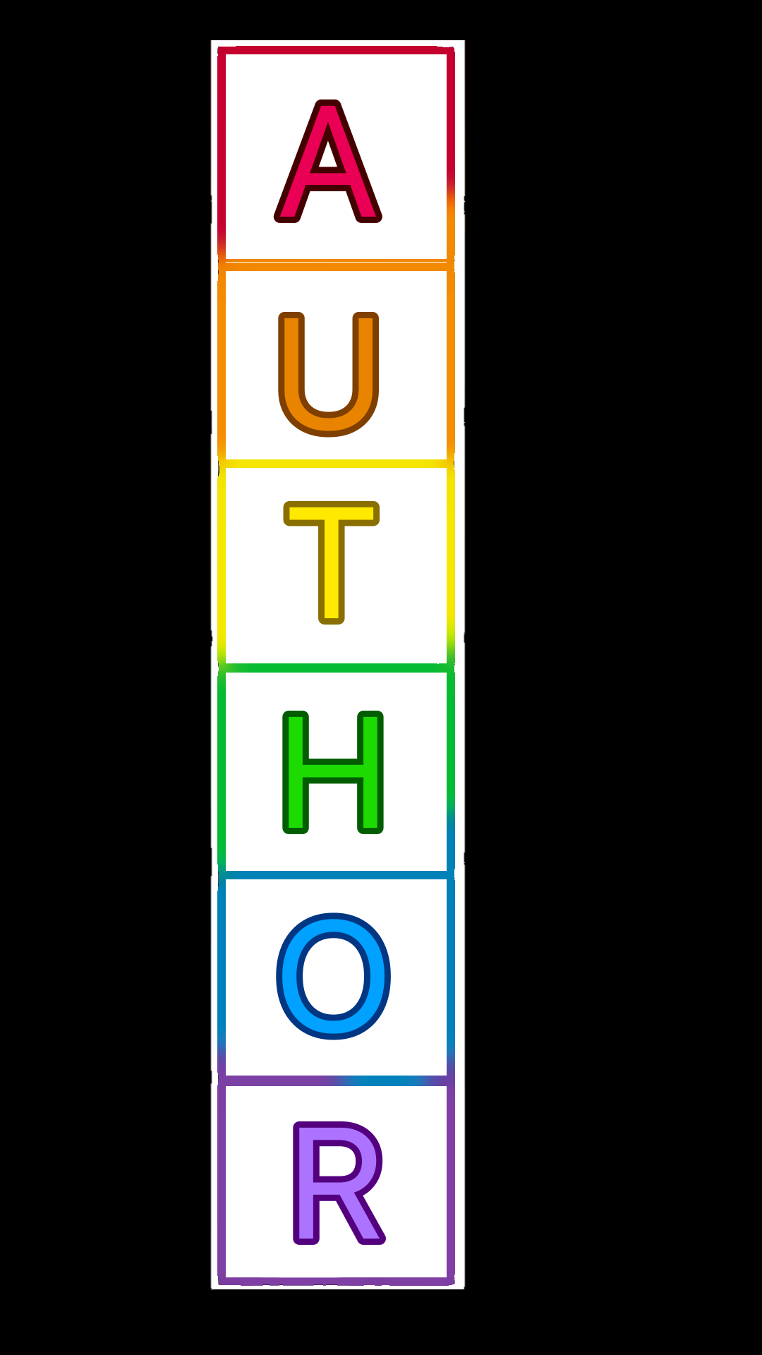 The Word Author on square multicolor blocks. Each letter and its corresponding block is a color of the rainbow.