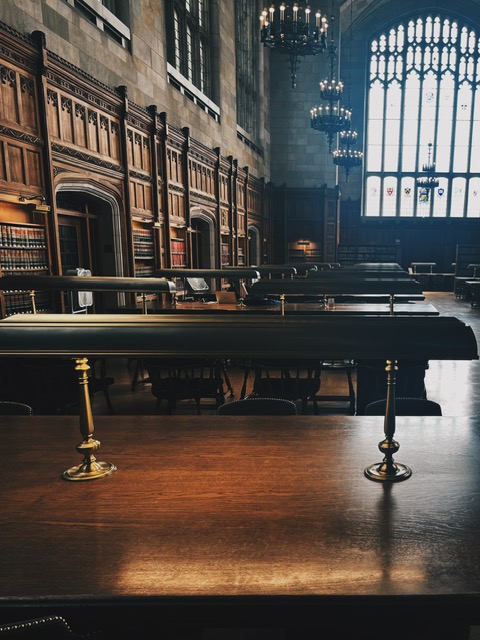 Traditional library with a row of study desks with their own lamps.