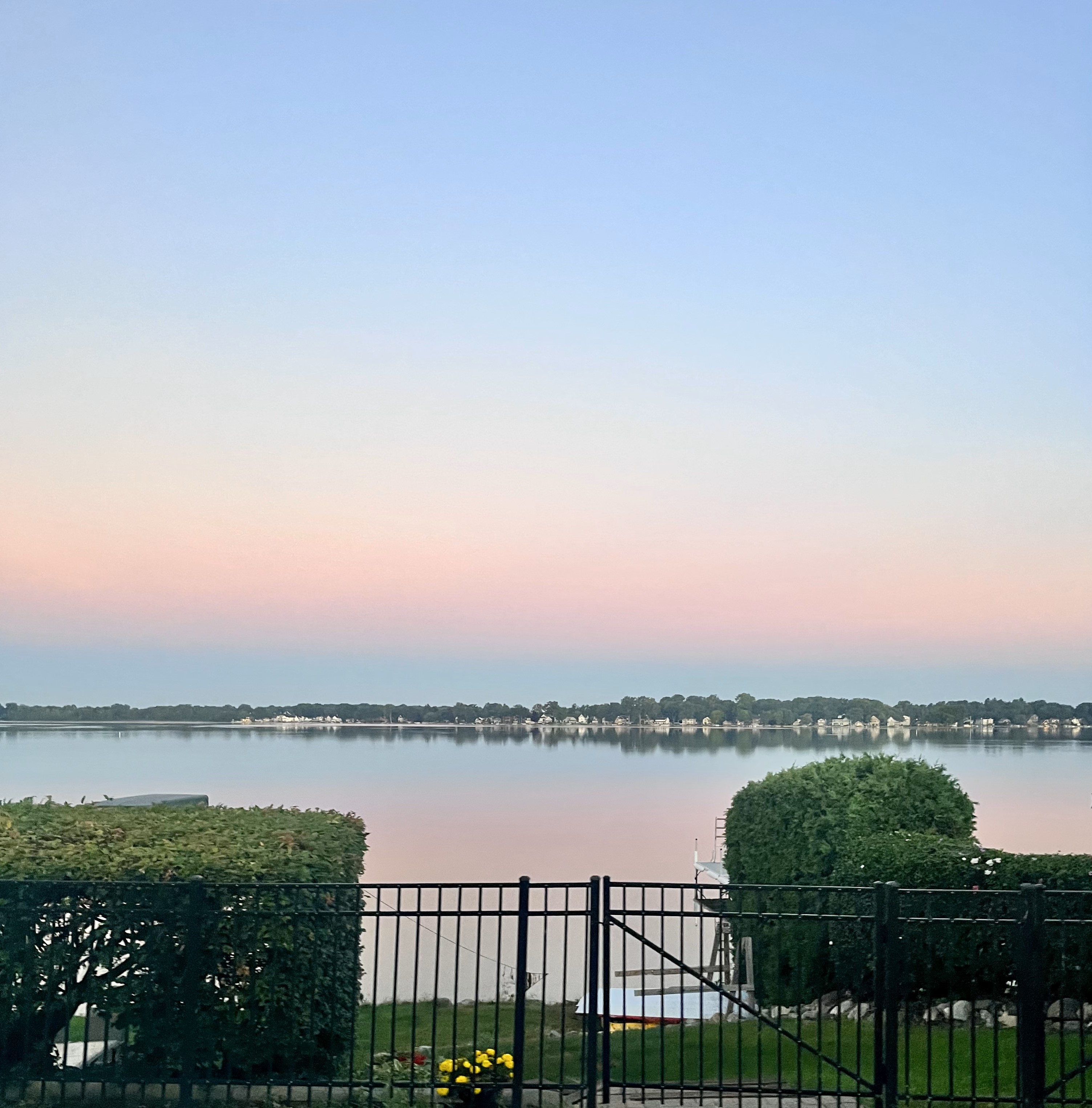 Image of a cotton-candy pink and baby blue sunrise over a large lake with green bushes at the front.