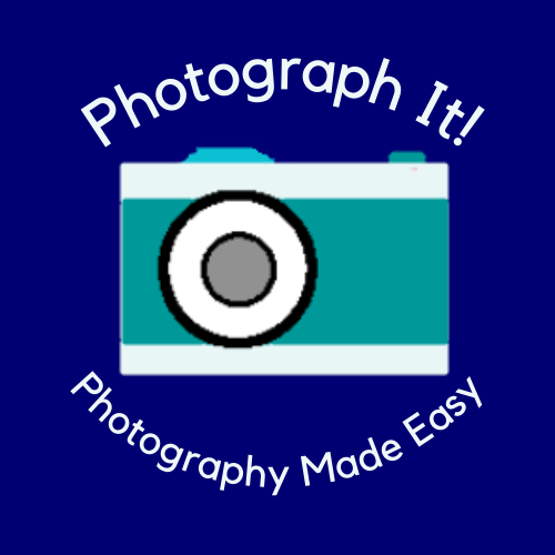 Picture of a digitally drawn blue camera. Above it are the words 'Photograph It!' and below the camera are the words 'Photography Made Easy'. Function: Link to Home Page